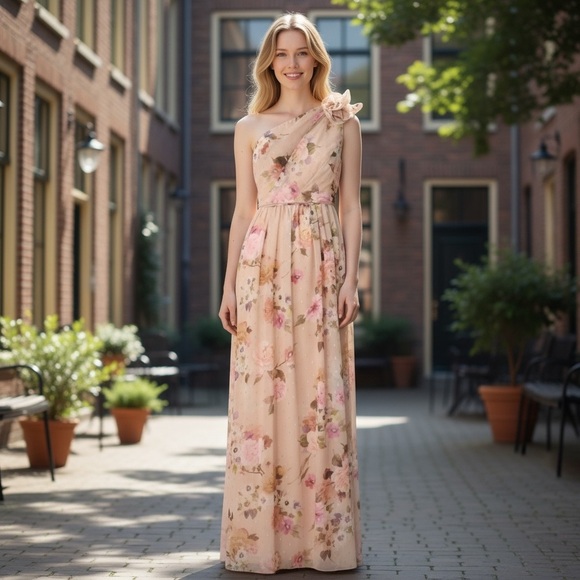 Adrianna Papell Dresses & Skirts - NWT Adrianna Papell Champagne Multi Nude Floral One Shoulder Gown Bridesmaid